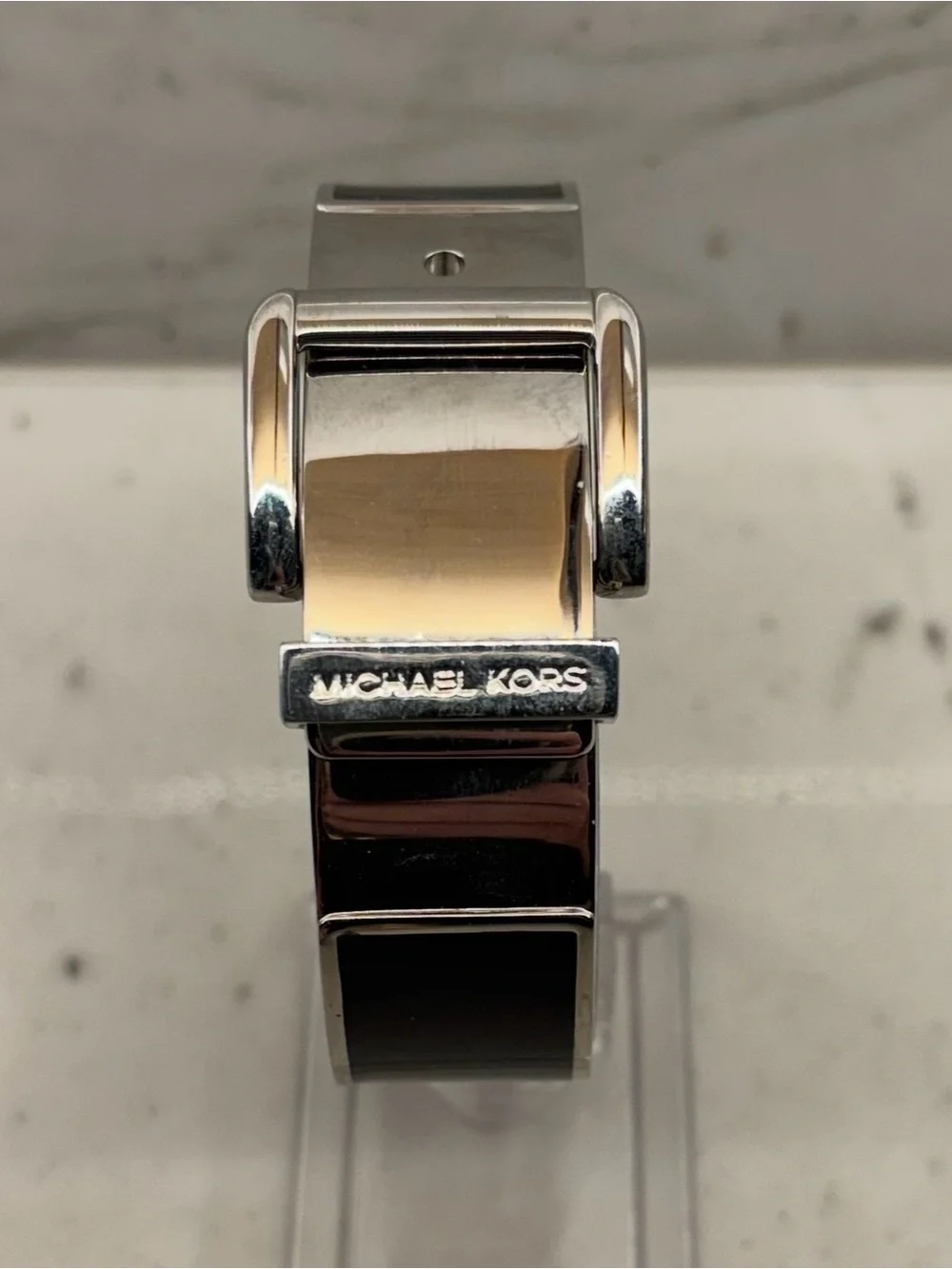 Michael Kors Haute Silver Tone Black Enamel Hinge Belt Buckle Bangle Bracelet